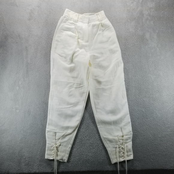 Aje Pants - Aje Pants Womens 6 White Beige Ankle Lace Up Linen Designer Baggy Paperbag